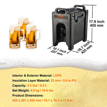 VEVOR Insulated Beverage Dispenser, 9.5 L, Food-grade LDPE Hot and