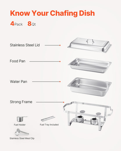 VEVOR Chafing Dish Buffet Set, 8 Qt 4 Pack, Stainless Steel Chafer