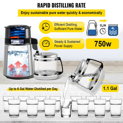 VEVOR Silver Water Distiller Machine 750W Adjustable Temperature Water