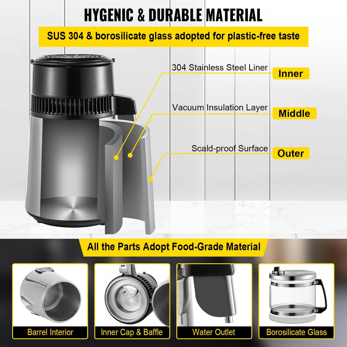 VEVOR Silver Water Distiller Machine 750W Adjustable Temperature Water