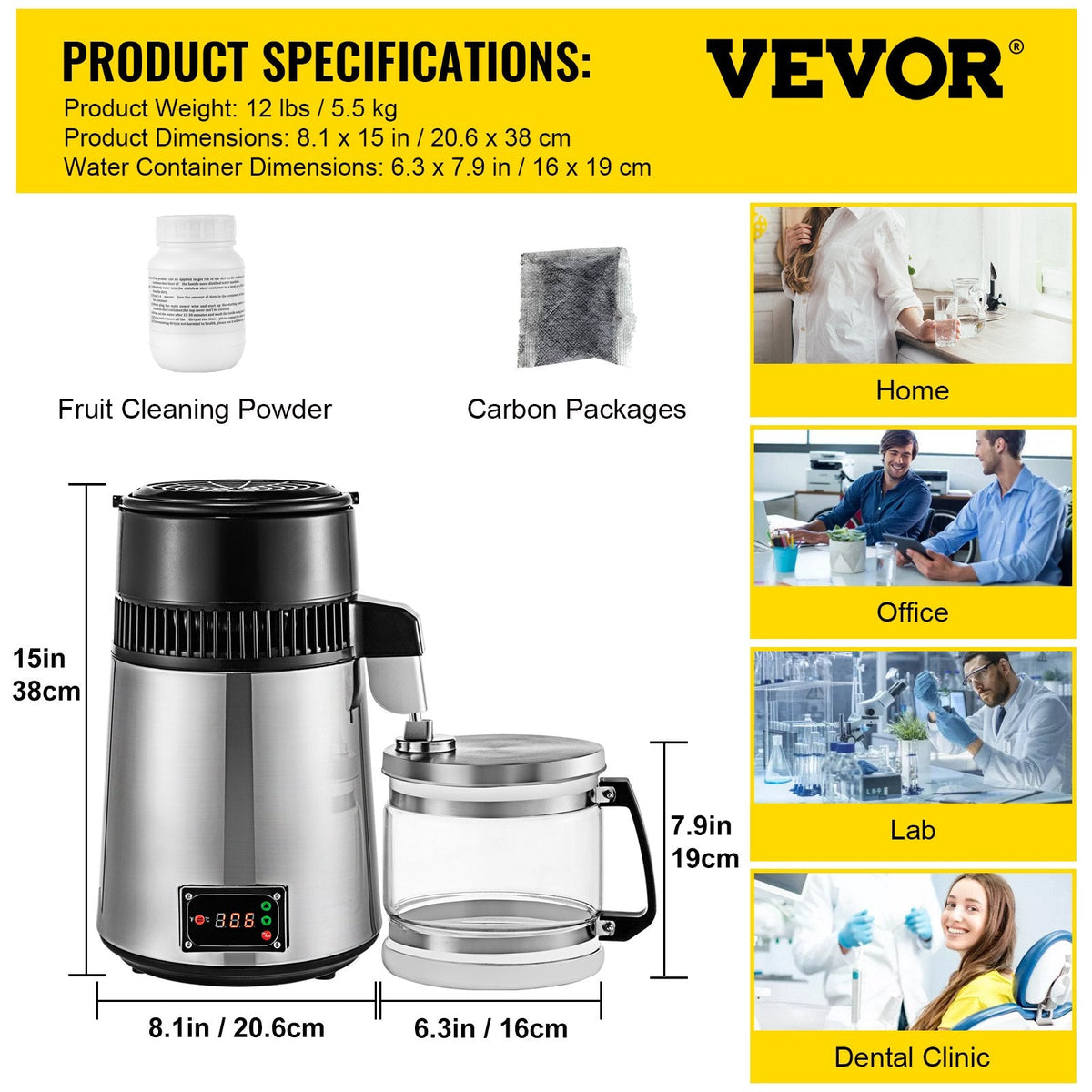 VEVOR Silver Water Distiller Machine 750W Adjustable Temperature Water