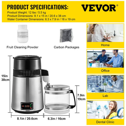 VEVOR Silver Water Distiller Machine 750W Adjustable Temperature Water