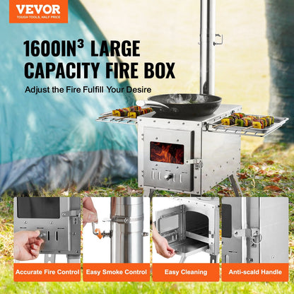 VEVOR Wood Stove, 218.44 cm, Stainless Steel Camping Tent Stove,