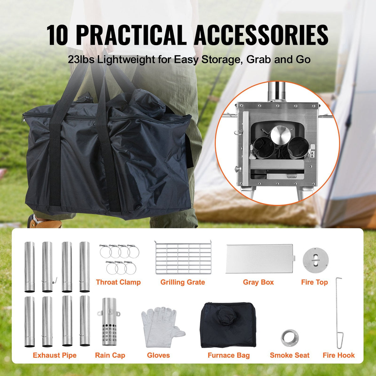 VEVOR Wood Stove, 218.44 cm, Stainless Steel Camping Tent Stove,