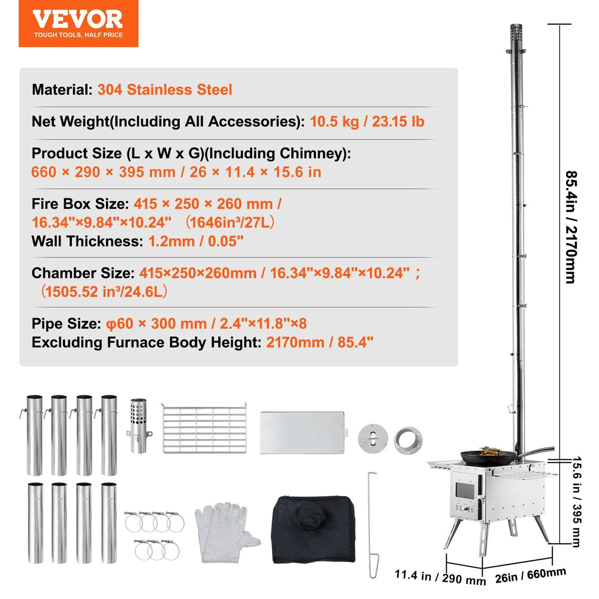 VEVOR Wood Stove, 218.44 cm, Stainless Steel Camping Tent Stove,