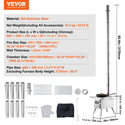 VEVOR Wood Stove, 218.44 cm, Stainless Steel Camping Tent Stove,