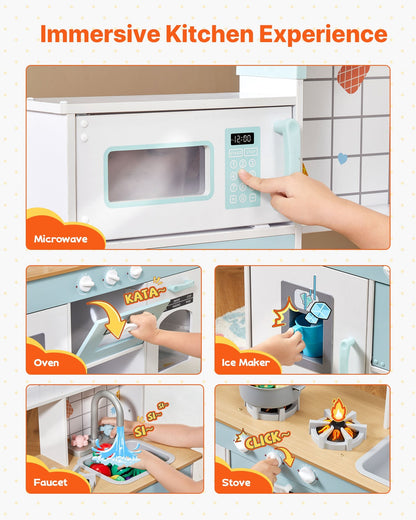 VEVOR Play Kitchen for Kids, Wooden Toy Kitchen Set with Lights and