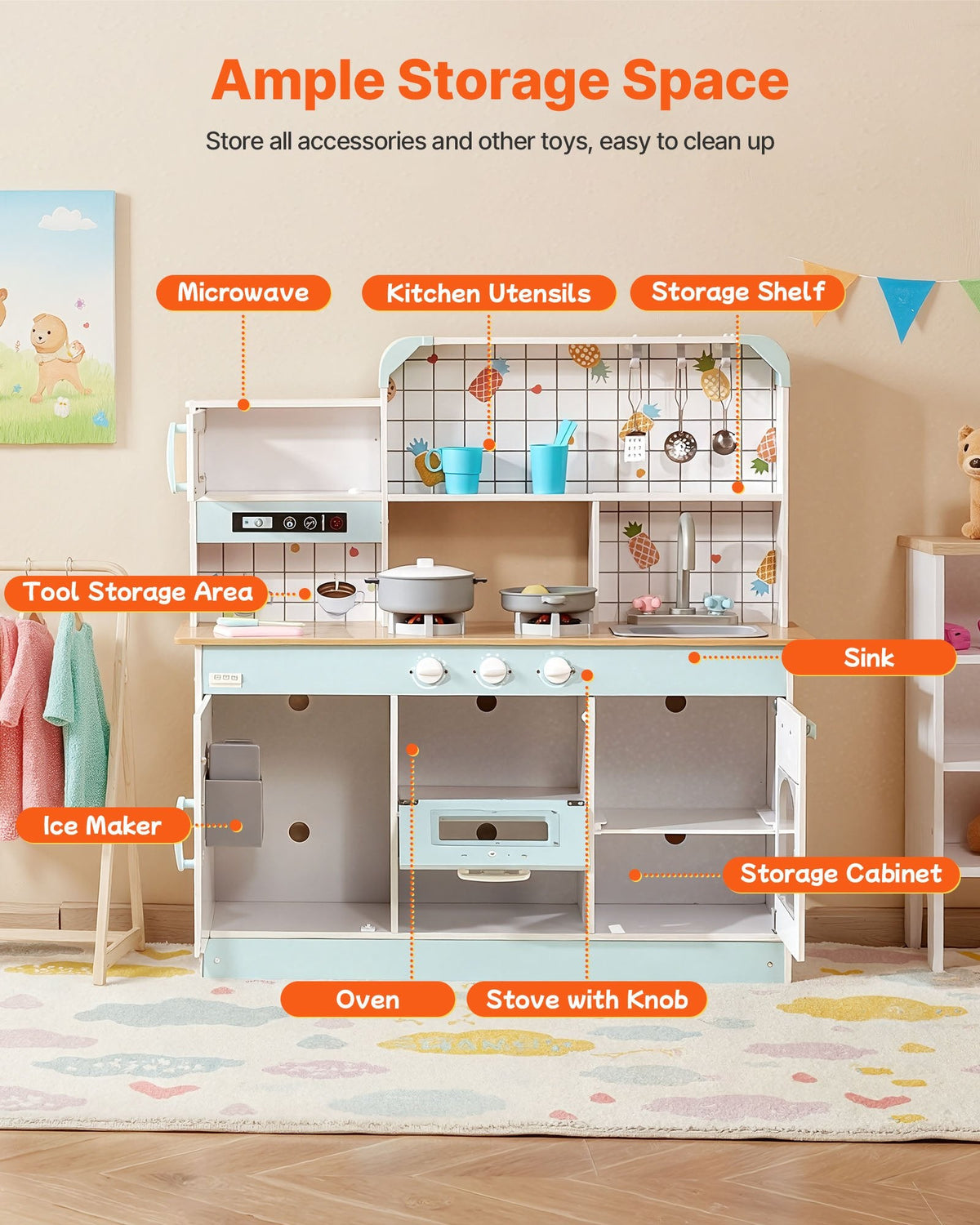 VEVOR Play Kitchen for Kids, Wooden Toy Kitchen Set with Lights and
