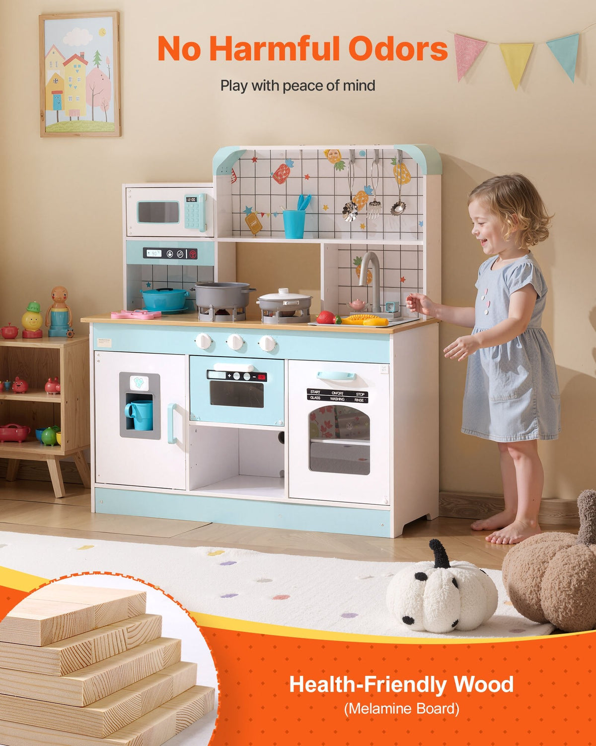 VEVOR Play Kitchen for Kids, Wooden Toy Kitchen Set with Lights and