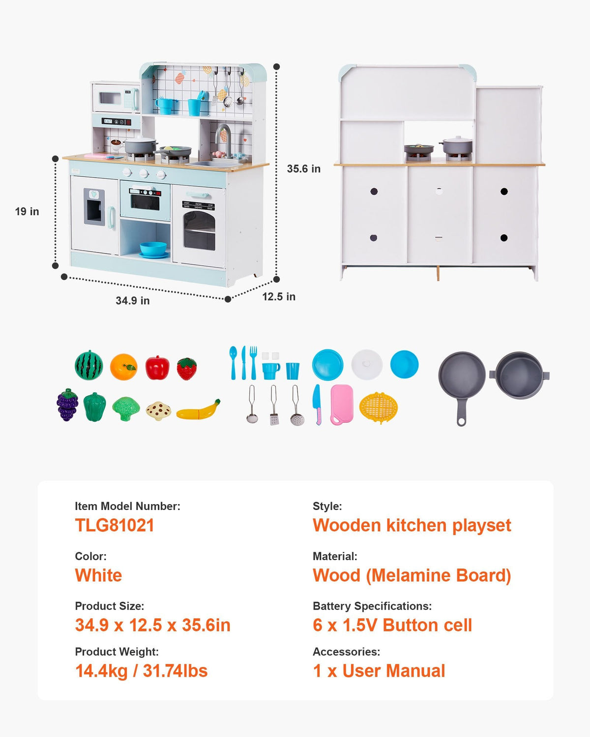 VEVOR Play Kitchen for Kids, Wooden Toy Kitchen Set with Lights and