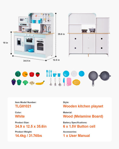 VEVOR Play Kitchen for Kids, Wooden Toy Kitchen Set with Lights and