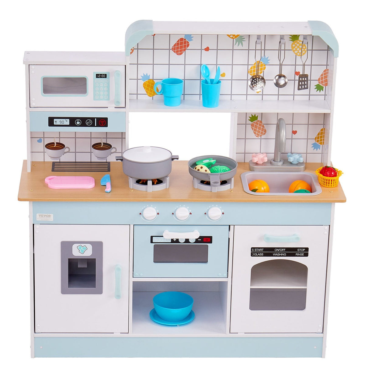 VEVOR Play Kitchen for Kids, Wooden Toy Kitchen Set with Lights and