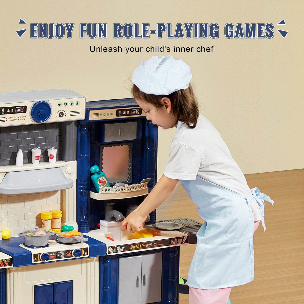 VEVOR Kids Kitchen Playset, 3-in-1 Toddler Kitchen with Simulated