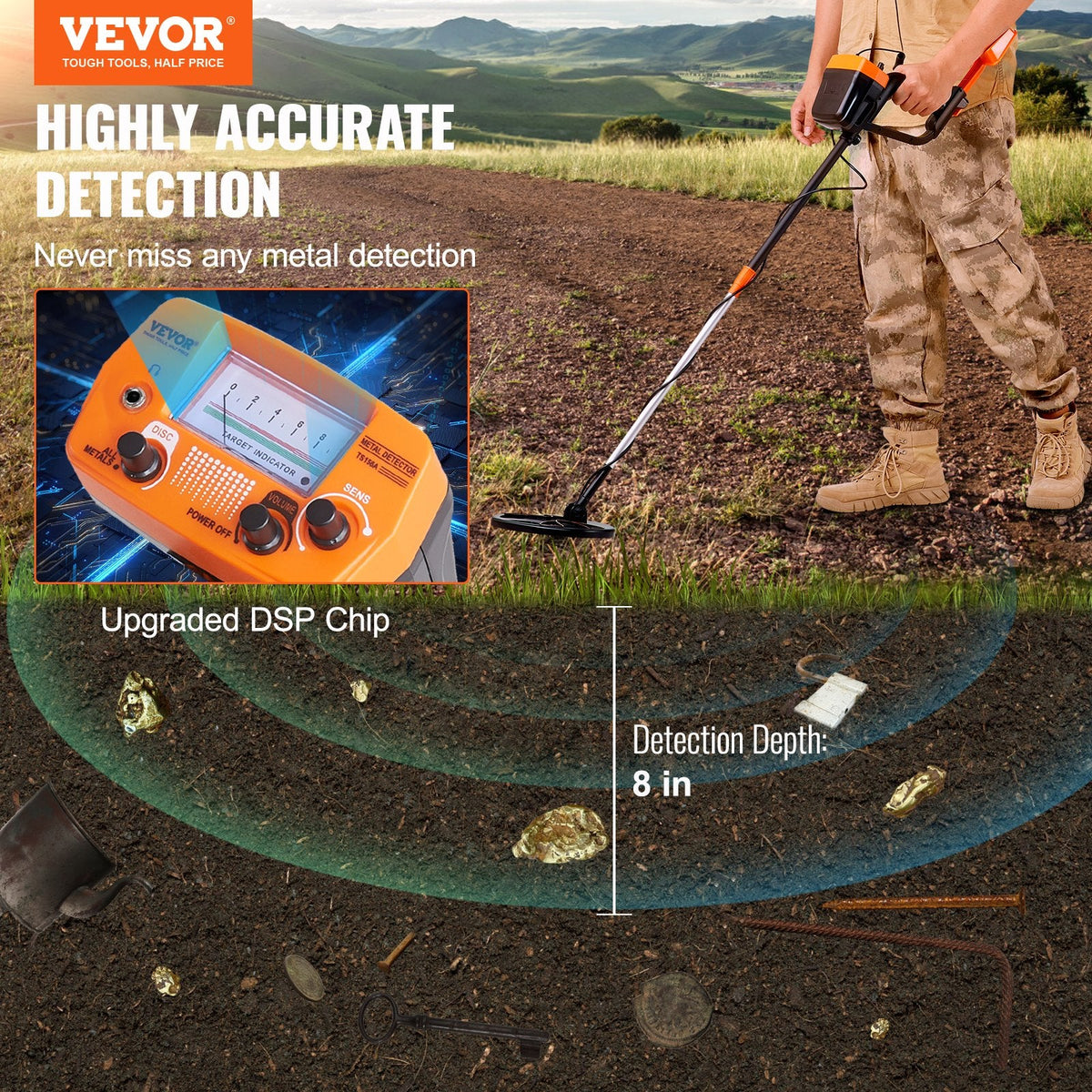 VEVOR Metal Detector for Adults & Kids, 8 Inch Waterproof Search Coil